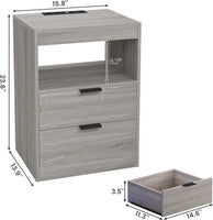 Led Nightstands Set Of 2, Grey Nightstand With Wireless Charging Station 2 Drawers, Modern Bedroom