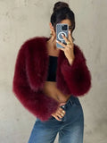 Fall/Winter Women's Fashionable Elegant Minimalist Burgundy Long Sleeve Short Faux Fur Coat, New Arrival