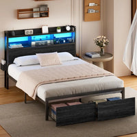 Bed Frame with Wood Headboard, Metal Platform Bed Frame Full Size with Storage Drawers and Shelf,LED Lights