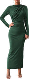Women Bodycon Maxi Dress Long Sleeve Back Slit Ruched Elegant Party Cocktail Formal