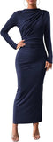 Women Bodycon Maxi Dress Long Sleeve Back Slit Ruched Elegant Party Cocktail Formal