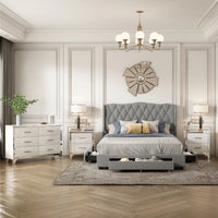 4-Pieces Bedroom Sets Queen Size Upholstered Bed with 3 Drawers,Mirrored Nightstands and Dresser