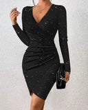 Elegant Black V-Neck Long Sleeve Mini Dress with Glitter Detail - Stretchy Polyester  Ruched Cocktail Party Gown