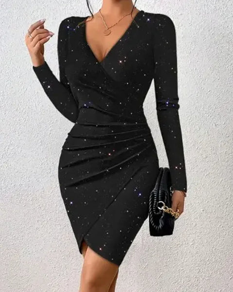 Elegant Black V-Neck Long Sleeve Mini Dress with Glitter Detail - Stretchy Polyester  Ruched Cocktail Party Gown
