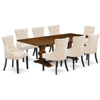 Kitchen Table Set Includes a Rectangle Dining Table with Removable Leaf and 8 Light Beige Linen Fabric