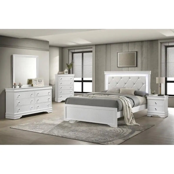 Modern 5 Piece Full Bedroom Set with LED Headboard, Upholstered, Wood Construction, White Finish, Perfect