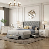 4-Pieces Bedroom Sets Queen Size Upholstered Bed with 3 Drawers,Mirrored Nightstands and Dresser