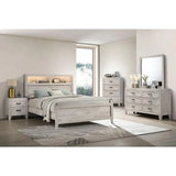 Queen Size Bed with Headboard, Shelves, and Lighting in White Wash Finish