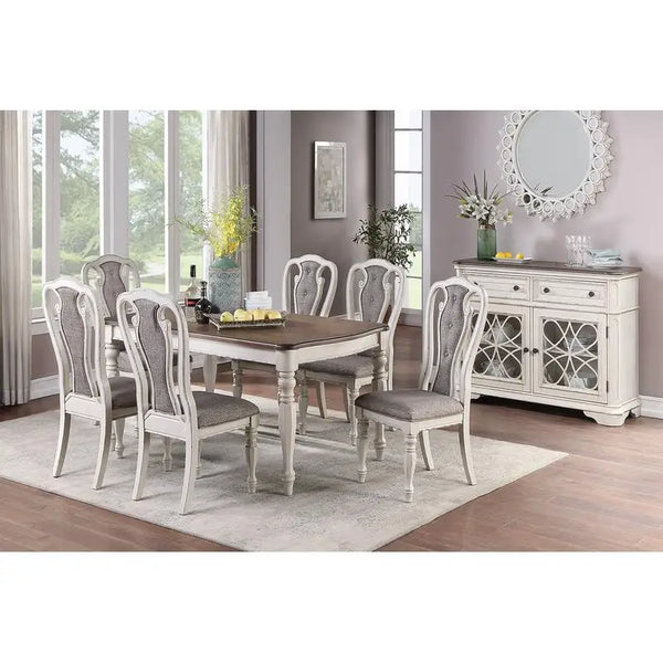 7-Piece Dining Set - Table with Oak Top and 6 Side Chairs with Cushion Seats, Antique White Finish for Kitchen or