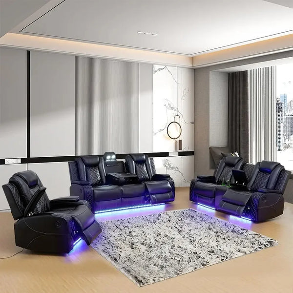 Leather Recliner Sofa Set with LED Lights, Living Room Furniture, Reclining Sofa, loveseat, Chair