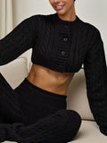 Womens 2 Piece Outfits Long Sleeve Button Cropped Cardigan High Waist Flared Pants Knit Workout