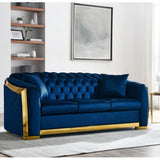 Chesterfield Sofa Set, Tufted 3 Seat Couch with Gold Stainless for Living Room, Navy Blue Fabric