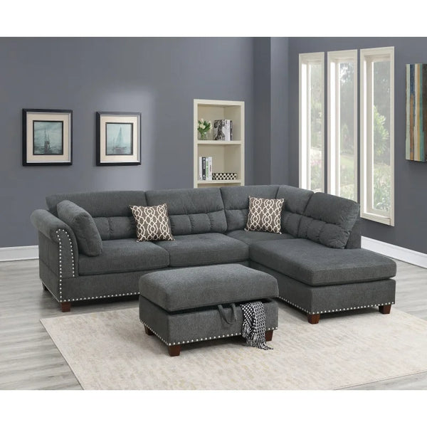 Set Sectional sofa Slate Color Velvet Fabric Reversible Chaise Sofa Sectional w Pillows