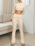 Womens 2 Piece Outfits Long Sleeve Button Cropped Cardigan High Waist Flared Pants Knit Workout