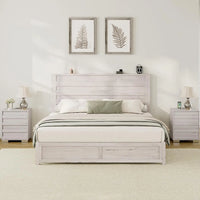 3 Piece Bedroom Set Including Farmhouse Full Size Bed Frame with Slatted Headboard  Nightstands Set