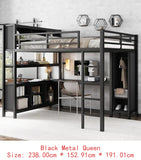 Queen Size Metal Loft Bed with Wardrobe & L-shaped Desk, Heavy Duty Storage Bed