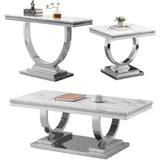 3 Pieces Living Room Table Set, Faux Marble Coffee Table Console with End Side Table