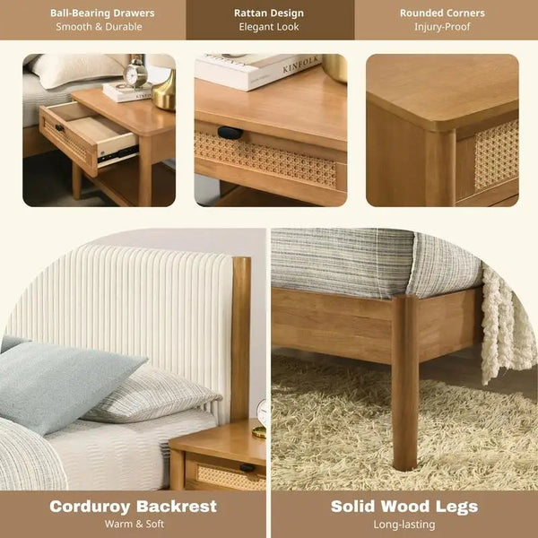 5-Piece Rubberwood Bedroom Set with Upholstered Queen Bed, Dresser, Mirror, Nightstand