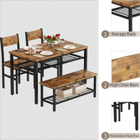 4 Pieces Dining Table Set, Industrial Dining Table with Bench and Chairs for 4, Metal Frame