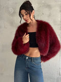 Fall/Winter Women's Fashionable Elegant Minimalist Burgundy Long Sleeve Short Faux Fur Coat, New Arrival