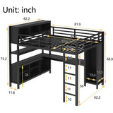 Queen Size Metal Loft Bed with Wardrobe & L-shaped Desk, Heavy Duty Storage Bed