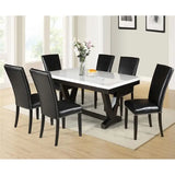 7pc Dining Table Set - White Marble & Black Finish, Black Faux Leather Upholstered Chairs