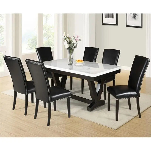 Dining Table Set - White Marble & Black Finish, Black Faux Leather Upholstered Chairs
