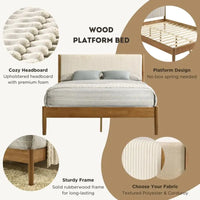 5-Piece Rubberwood Bedroom Set with Upholstered Queen Bed, Dresser, Mirror, Nightstand
