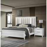 King Size Bed 2 Nightstands 3-Piece Set with Panel Bed and Upholstered LED Headboard in White Finish - Solid Wood