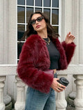 Fall/Winter Women's Fashionable Elegant Minimalist Burgundy Long Sleeve Short Faux Fur Coat, New Arrival