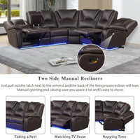 Modern Faux Leather Manual Reclining with Center Console and LED Light Strip,Living Room Furniture Set