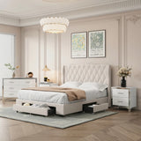 4-Pieces Bedroom Sets Queen Size Upholstered Bed with 3 Drawers,Mirrored Nightstands and Dresser