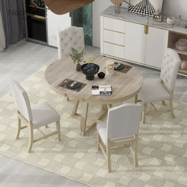Dining Set, Round Table with a 16"W Leaf and 4 Upholstered Chairs for Dining Room and Living Room