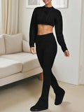 Womens 2 Piece Outfits Long Sleeve Button Cropped Cardigan High Waist Flared Pants Knit Workout