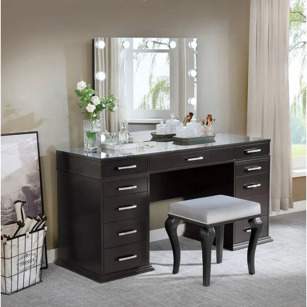 Vanity Set with A series of glitzy bulbs line the large full-bleed mirror Gray