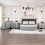 4-Pieces Bedroom Sets Queen Size Upholstered Bed with LED Lights, Mirrored Nightstands and Dresser