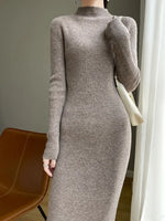 Autumn Winter Long Sleeve  Dress For Women 100% Merino Wool Soft Casual  Mock Neck