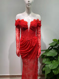 Fashionable Gloves Strapless Lace High Slit Red Lace Long Dress Celebrity Birthday Party Evening Dress stage