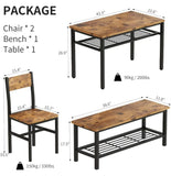 4 Pieces Dining Table Set, Industrial Dining Table with Bench and Chairs for 4, Metal Frame