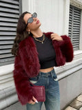 Fall/Winter Women's Fashionable Elegant Minimalist Burgundy Long Sleeve Short Faux Fur Coat, New Arrival