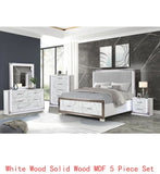 5-Piece Bedroom Set with Storage Footboard, Dresser, Mirror, Nightstand, and Chest in White Marble Finish