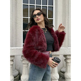Fall/Winter Women's Fashionable Elegant Minimalist Burgundy Long Sleeve Short Faux Fur Coat, New Arrival