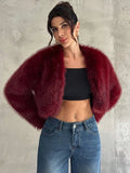 Fall/Winter Women's Fashionable Elegant Minimalist Burgundy Long Sleeve Short Faux Fur Coat, New Arrival