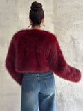 Fall/Winter Women's Fashionable Elegant Minimalist Burgundy Long Sleeve Short Faux Fur Coat, New Arrival
