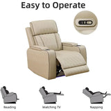 Beige Leather Reclining Sofa and Loveseat Set with Drop-Down Table for Living Room
