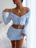 Women's Light Blue Ruffle 2 Piece Set Off Shoulder Crop Top and Mini Skirt Beach