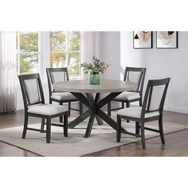 Round Dining Table Set, Two-tone Finish, Light Woodgrain Top, Rustic Charm, Sculptural Base, Upholstered Chairs