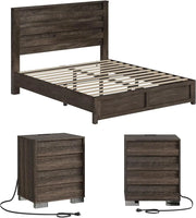 3 Piece Bedroom Set Including Farmhouse Full Size Bed Frame with Slatted Headboard  Nightstands Set