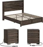 3 Piece Bedroom Set Including Farmhouse Full Size Bed Frame with Slatted Headboard  Nightstands Set