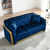 Chesterfield Sofa Set, Tufted 3 Seat Couch with Gold Stainless for Living Room, Navy Blue Fabric